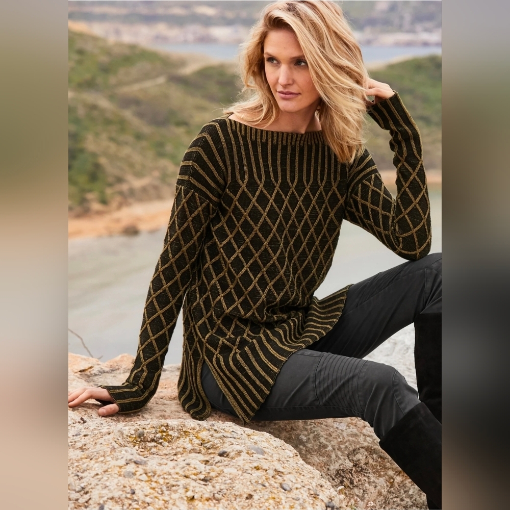 Peruvian Connection Black and Gold Knit Tunic Sweater